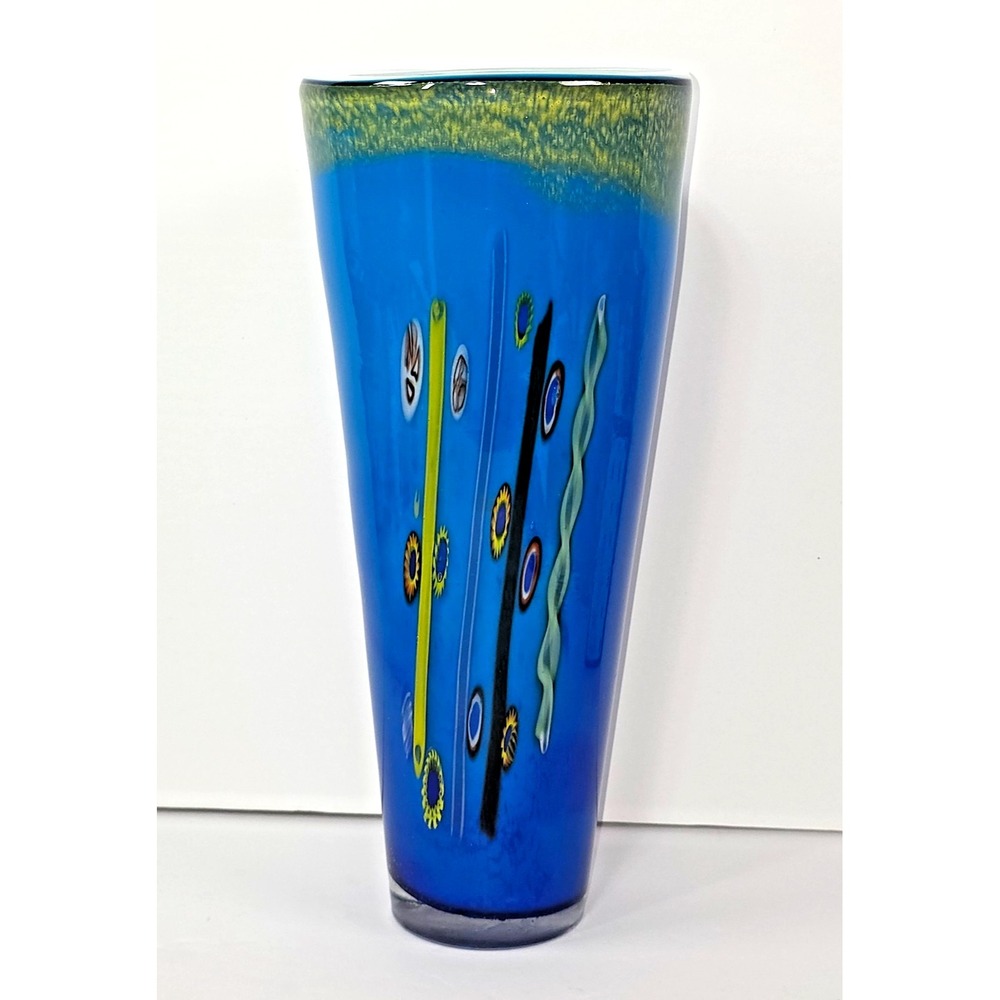 12" Murano Style Art Glass Vase Blue Millefiori Inclusions Heavy 5lb Spatter Rim